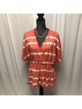 Maurices Top Womens Size Large Tie Dye V Neck Cotton Coral White Faux Wrap Shirt